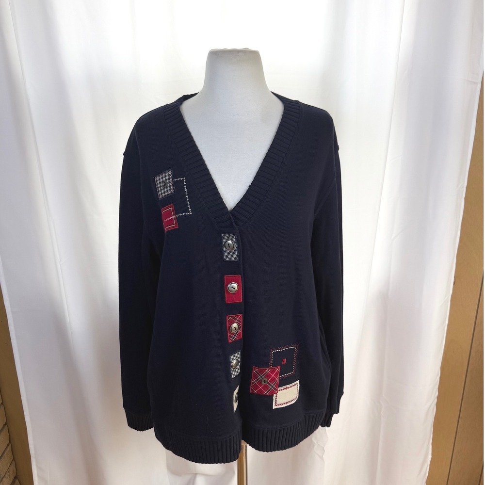 Vtg Koret Navy Blue Granny Patchwork Cardigan Womens Medium Boho Artsy Hippie